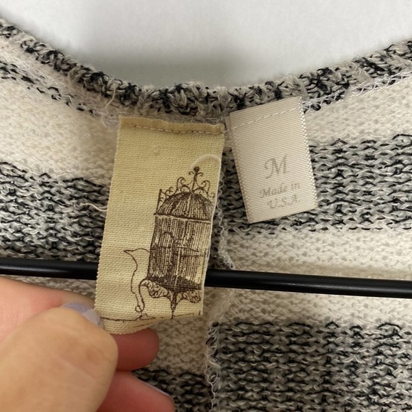 Francesca's Bird Cage Grey Cream Stripe Color Block Dolman Sleeve Long Cardigan - Picture 3 of 5